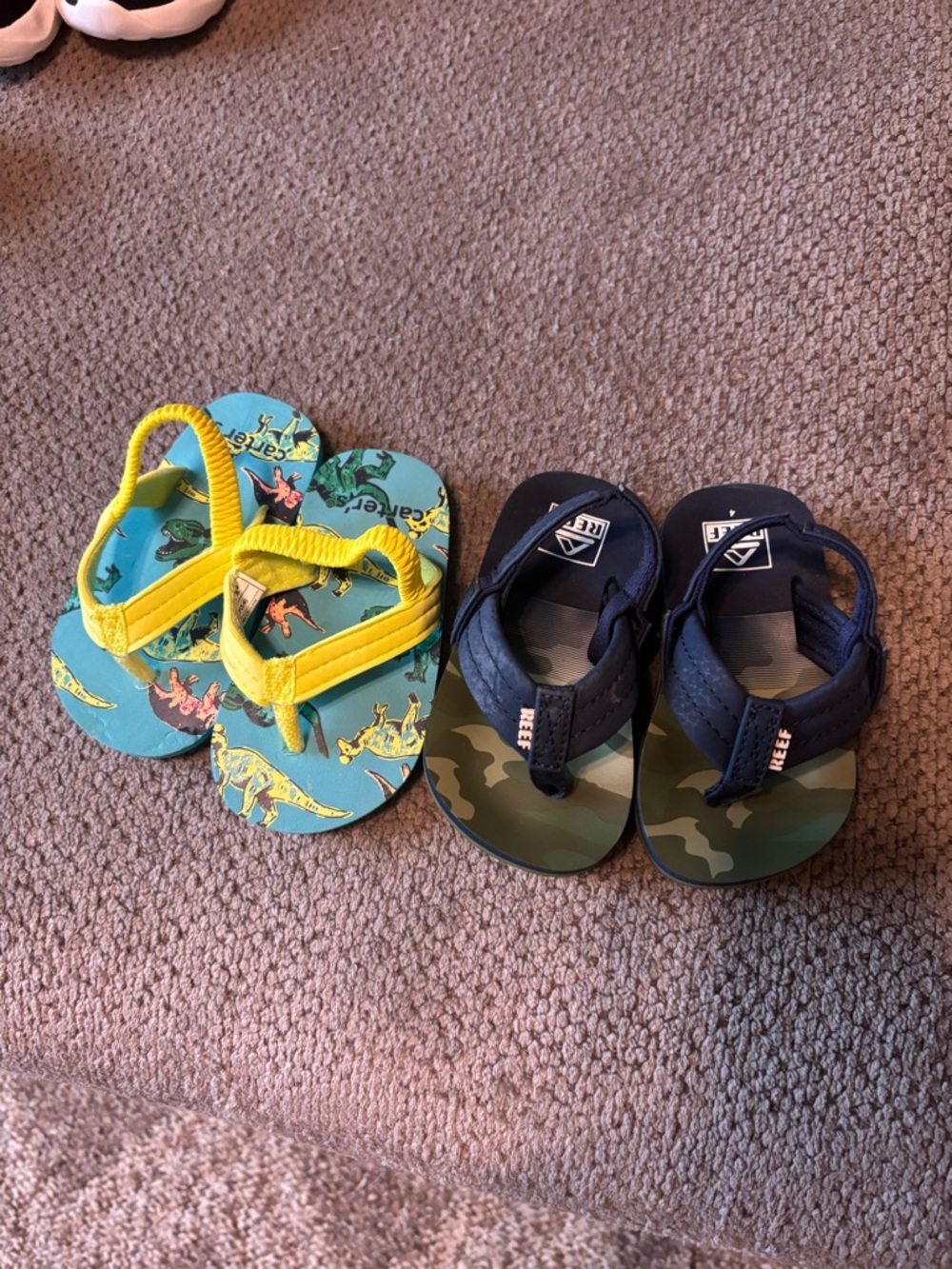 Size 4 Toddler Sandals: Reef Navy Camo and Carters Teal Yellow Dinosaur
